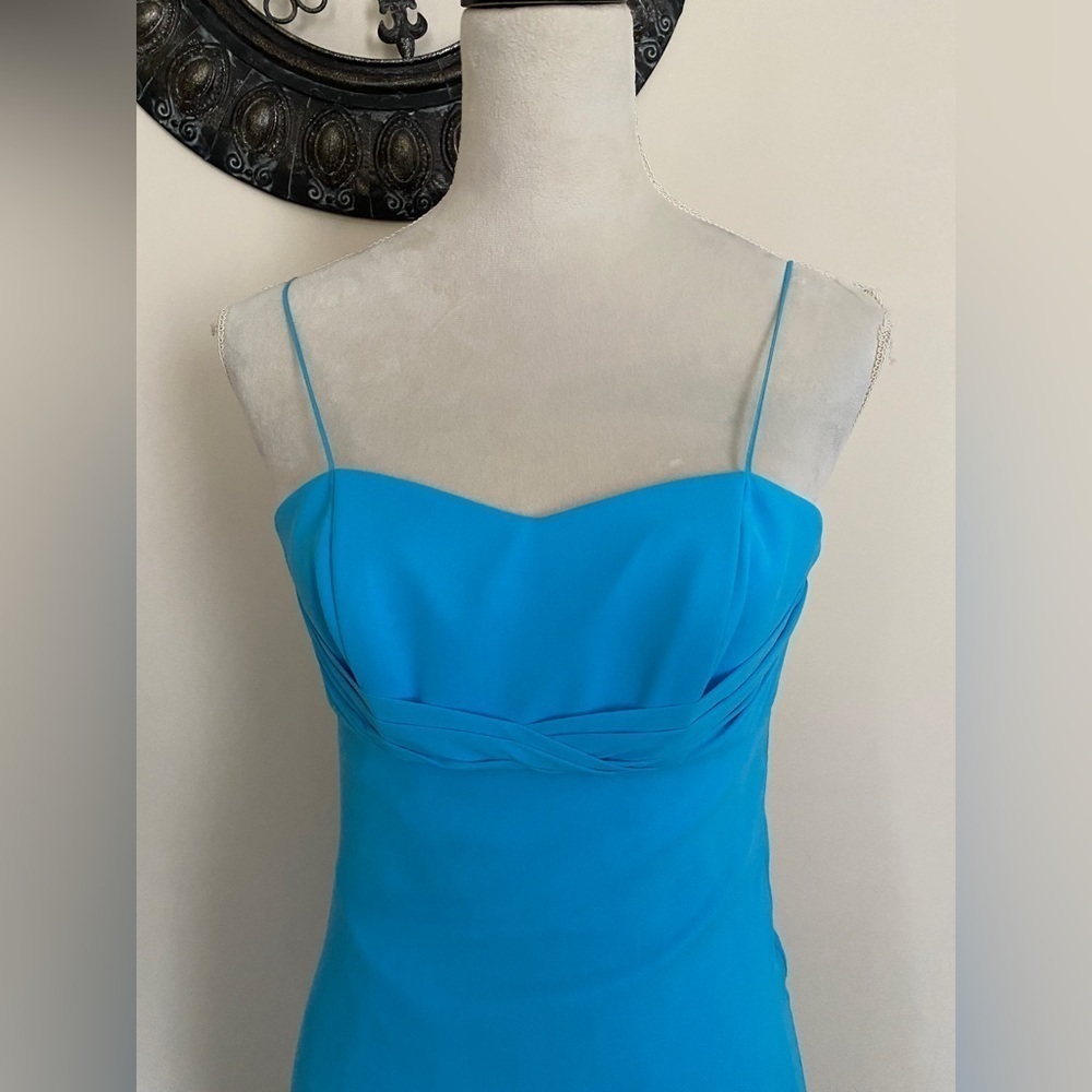 NWT Turquoise Spaghetti Strap Fit & Flare Asymmetrical Layered Hem Formal Dress - Picture 2 of 12